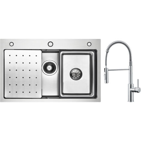 Cecipa Évier de Cuisine Évier 1 Bac 70×45cm avec Egouttoir / Vasque / Distributeur de Savon + Mitigeur de Cuisine à Ressort avec Douchette Extractible, Robinet Evier 2 Modes de Sortie D'eau, Brossé