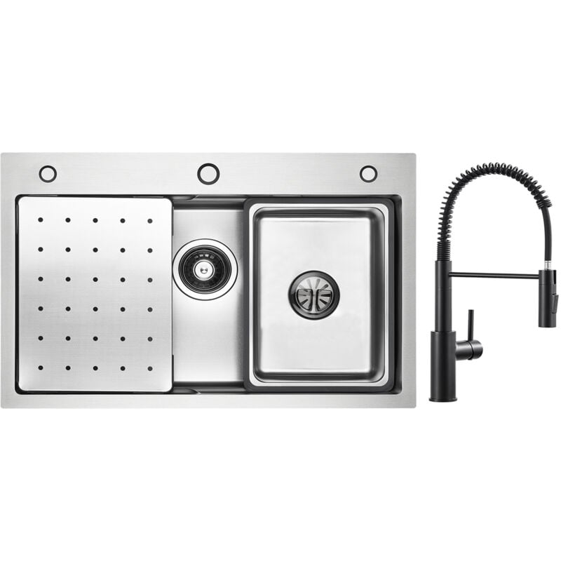 Cecipa - vier de Cuisine Évier 1 Bac 70×45cm avec Egouttoir / Vasque / Distributeur de Savon + Mitigeur de Cuisine à Ressort avec Douchette