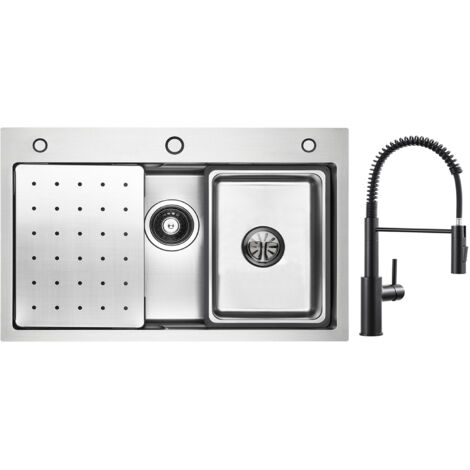 Cecipa Évier de Cuisine Évier 1 Bac 70×45cm avec Egouttoir / Vasque / Distributeur de Savon + Mitigeur de Cuisine à Ressort avec Douchette Extractible, Robinet Evier 2 Modes de Sortie D'eau, Noir