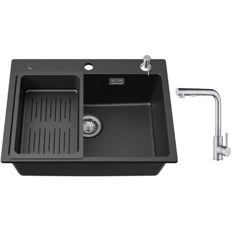 Cecipa Evier en Quartz et Résine 60 x 45cm, avec Panier de Vidange et Distributeur de Savon Gratuits + Mitigeur Cuisine avec Douchette Extractible - 2 Jets aux Choix