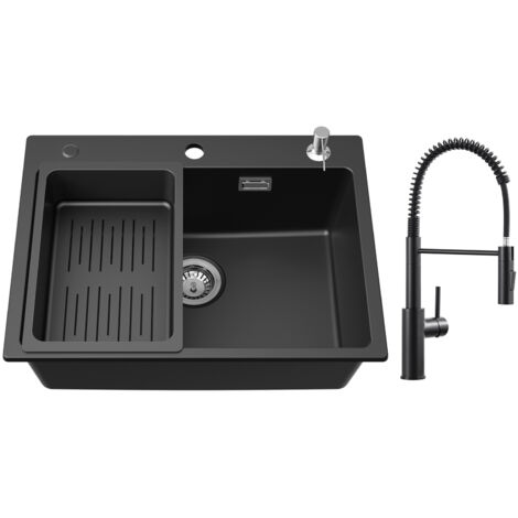 Cecipa Evier en Quartz et Résine 60 x 45cm, avec Panier de Vidange et Distributeur de Savon Gratuits + Mitigeur de Cuisine à Ressort avec Douchette Extractible, Robinet Evier 2 Modes de Sortie D'eau, 