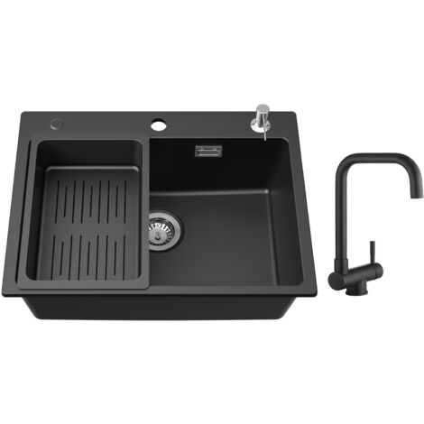 Cecipa Evier en Quartz et Résine 60 x 45cm, avec Panier de Vidange et Distributeur de Savon Gratuits + Mitigeur Rabattable Robinet Pliable Mitigeur Sous Fenêtre Noir