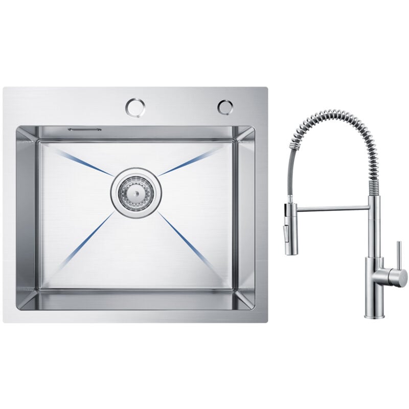 Cecipa - vier Inox Évier 1 Bac 50 × 45 cm Évier de Cuisine Brossé + Mitigeur de Cuisine à Ressort avec Douchette Extractible, Robinet Evier 2 Modes