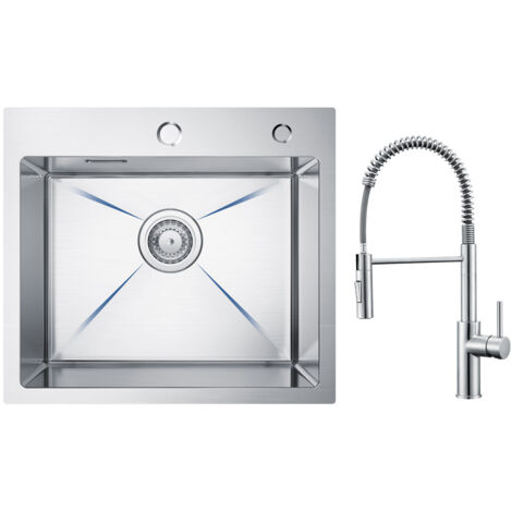 Cecipa Évier Inox Évier 1 Bac 50 × 45 cm Évier de Cuisine Brossé + Mitigeur de Cuisine à Ressort avec Douchette Extractible, Robinet Evier 2 Modes de Sortie D'eau, Brossé