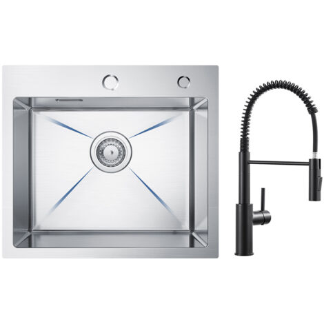Cecipa Évier Inox Évier 1 Bac 50 × 45 cm Évier de Cuisine Brossé + Mitigeur de Cuisine à Ressort avec Douchette Extractible, Robinet Evier 2 Modes de Sortie D'eau, Noir