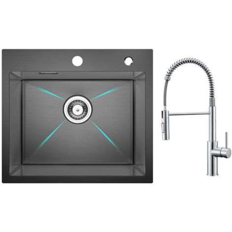 Cecipa Évier Inox Noir Évier 1 Bac 50 × 45 cm Évier de Cuisine + Mitigeur de Cuisine à Ressort avec Douchette Extractible, Robinet Evier 2 Modes de Sortie D'eau, Brossé