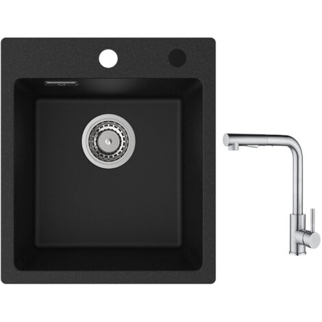 Cecipa Evier Quartz Noir 40x45cm Evier de Cuisine en Granit Evier à Encastrer 1 Vasque + Mitigeur Cuisine avec Douchette Extractible - 2 Jets aux Choix - Brossé