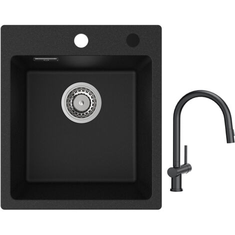 Cecipa Evier Quartz Noir 40x45cm Evier de Cuisine en Granit Evier à Encastrer 1 Vasque + Mitigeur de Cuisine avec Douchette Extractible avec 2 Types de Jet Noir