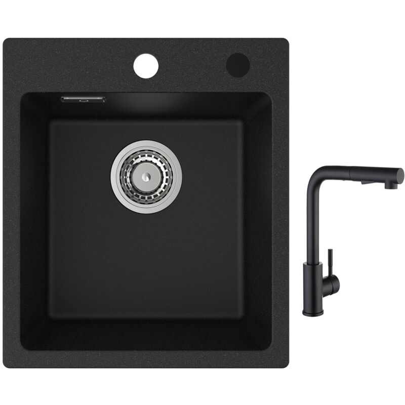 Cecipa - Evier Quartz Noir 40x45cm Evier de Cuisine en Granit Evier à Encastrer 1 Vasque + Noir Mitigeur de Cuisine avec Douchette Extractible 2