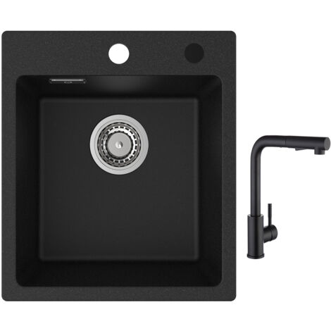 Cecipa Evier Quartz Noir 40x45cm Evier de Cuisine en Granit Evier à Encastrer 1 Vasque + Noir Mitigeur de Cuisine avec Douchette Extractible 2 Modes de pulvérisat