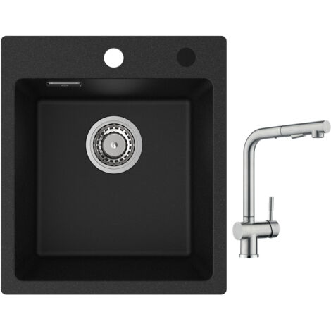 Cecipa Evier Quartz Noir 40x45cm Evier de Cuisine en Granit Evier à Encastrer 1 Vasque + Robinet Cuisine avec Douchette Mitigeur d'évier Extractible Brossé