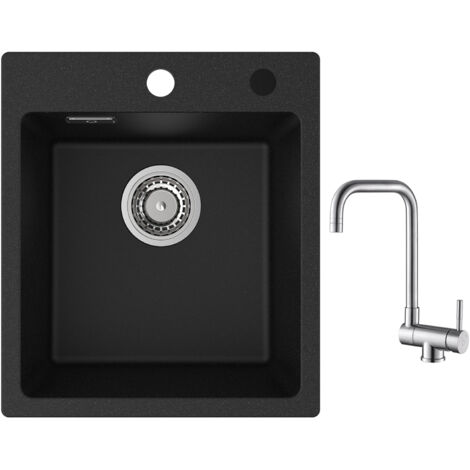 Cecipa Evier Quartz Noir 40x45cm Evier de Cuisine en Granit Evier à Encastrer 1 Vasque + Robinet Cuisine Rabattable Mitigeur de Evier Repliable Brossé