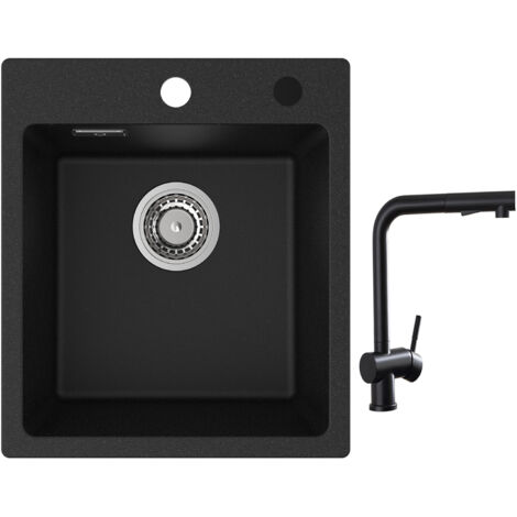 Cecipa Evier Quartz Noir 40x45cm Evier de Cuisine en Granit Evier à Encastrer 1 Vasque + Robinets Cuisine avec Douchette Extractible, Mitigeur d'évier Noir