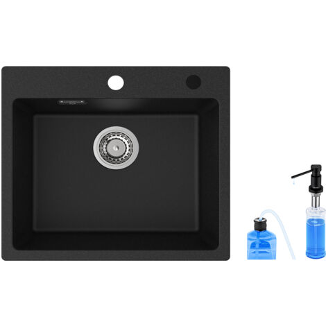 Cecipa Fregadero Cuarzo Negro 50x45cm + Dosificador de Jabón -  Fregadero de Cuarzo Fregadero de Granito, Fregaderos de una Cubeta de Encastre