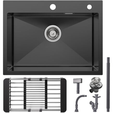 CECIPA Fregadero de acero inoxidable 60x45cm fregadero de cocina encastrable negro fregadero sobre encimera