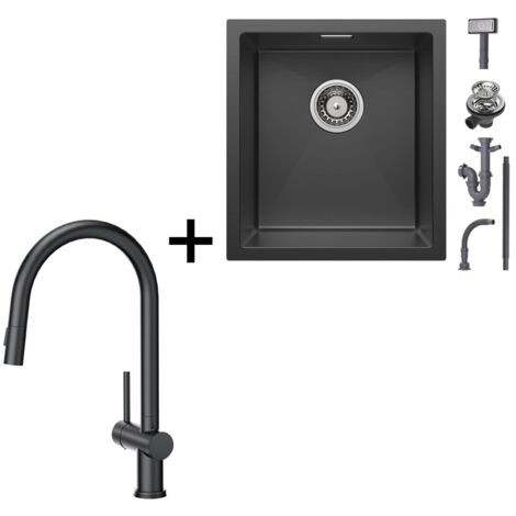 CECIPA Fregadero de acero inoxidable Fregadero de cocina de 40 x 44 cm Fregadero bajo encimera negro + Grifo de cocina de 42,5 cm Grifo de cocina extensible negro