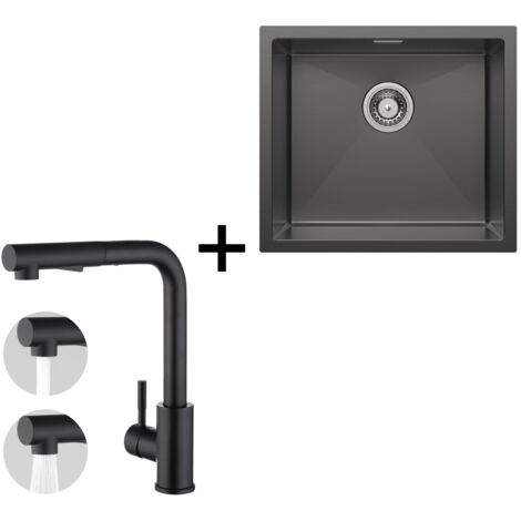 CECIPA Fregadero de acero inoxidable Fregadero de cocina de 50 x 44 cm Fregadero bajo encimera negro + Grifo de cocina extensible de 31 cm Grifo de cocina negro