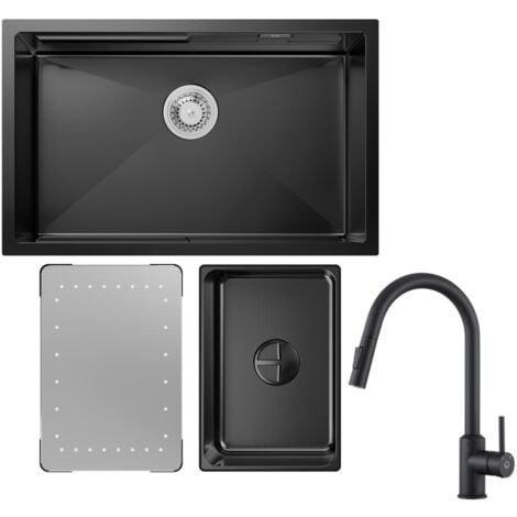 CECIPA MAX CECIPA Fregadero de acero inoxidable Fregadero de cocina de 70 x 44 cm Fregadero bajo encimera negro + Grifo de cocina de 40,4 cm Grifo de cocina extensible negro