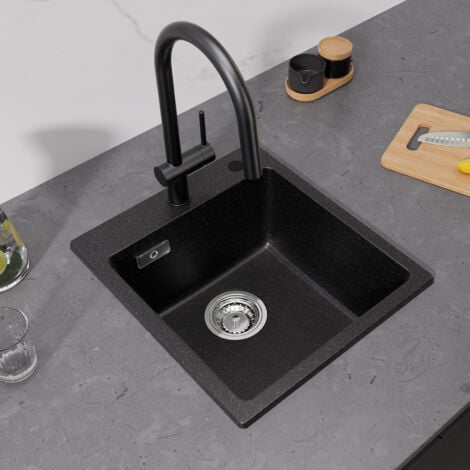 Cecipa Fregadero de cocina  de cuarzo negro, 40 x 45 cm, fregadero de cuarzo, fregadero de granito, 1 seno, fregadero encastrable, 80% arena de cuarzo (sin dispensador de jabón)