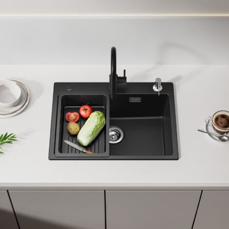 CECIPA MAX CECIPA Fregadero de cocina de granito 60x45, negro, con dispensador de jabón, negro, con escurridor, fregadero sobre encimera