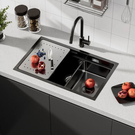 Cecipa Fregadero de Cocina de un Seno 70x44x21cm, Fregadero con Escurridor + Seno, Fregadero bajo Encimera de Acero Inoxidable 201 para Cocina, Negro