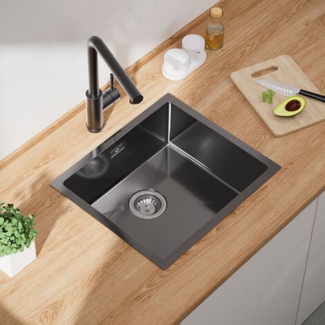 Cecipa Fregadero de Cocina Fregadero de Cocina de Acero Inoxidable de un Seno, Fregadero Bajo Encimera, 50×44CM, Negro Antracita