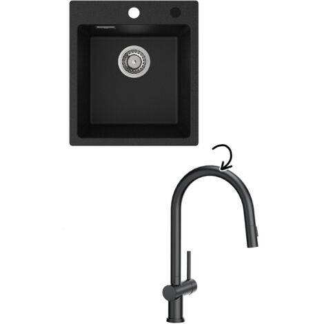 CECIPA Granitspüle 40 x 45 cm Küchenspüle schwarz + 42,5cm Küchenarmatur, schwarz ausziehbarer Spülbeckenhahn