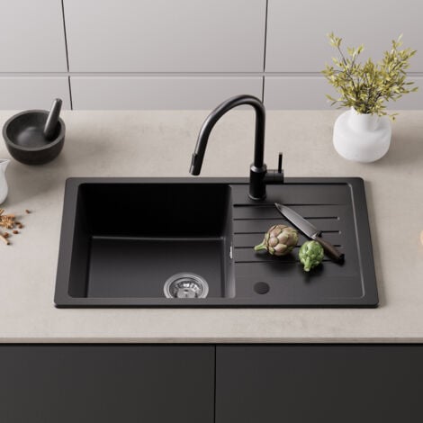 CECIPA Granitspüle Küchenspüle Granit Spülbecken 78x45, Links oder Rechts montierbar, Schwarz
