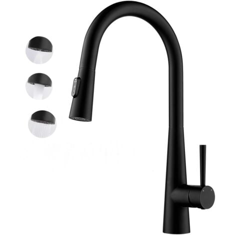 CECIPA Grifo de cocina de alta presión Grifo de cocina extraíble negro 3 modos de salida de agua Grifo de cocina de acero inoxidable, giratorio 360 grados, grifo mezclador