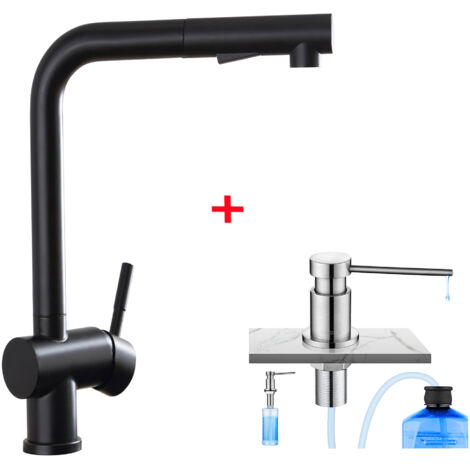 Cecipa Grifo de Cocina Extraible de Acero Inoxidable Negro, Giratorio 360º, Agua Fría y Caliente Regulable + Dispensador de Jabón de Cocina con Contenedor de 300 ML Cepillado