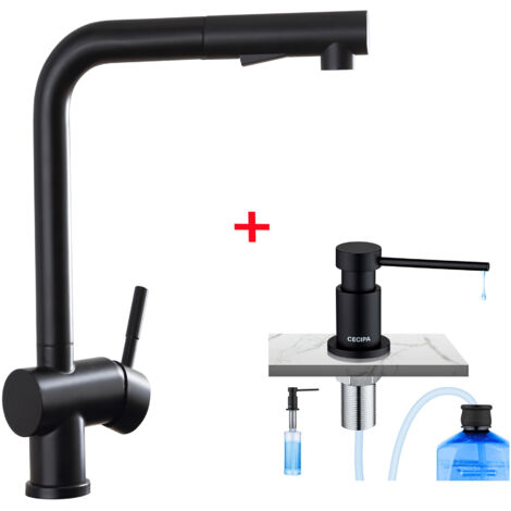 Cecipa Grifo de Cocina Extraible de Acero Inoxidable Negro, Giratorio 360º, Agua Fría y Caliente Regulable + Dispensador de Jabón de Cocina con Contenedor de 300 ML Negro