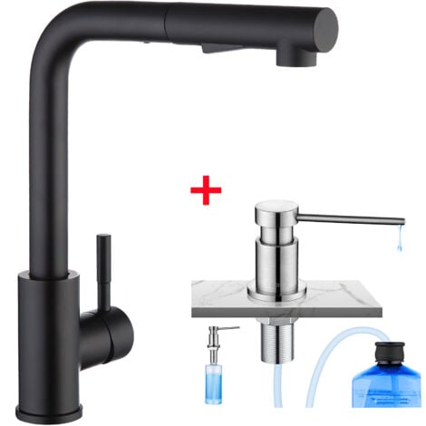 Cecipa Grifo de Cocina Extraíble Grifo de Cocina de Acero Inoxidable Negro + Dispensador de Jabón de Cocina con Contenedor de 300 ML Cepillado