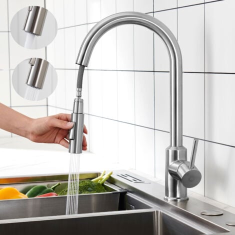 Cecipa Grifo Mezclador de Cocina Extraíble en Forma de U Grifo de Cocina de Acero Inoxidable Cepillado con Grifo Mezclador de Fregadero con Rociador Extraíble 2 Modos de Salida de Agua