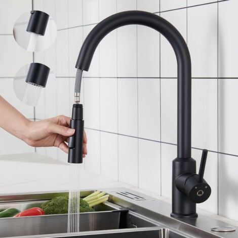 Cecipa Grifo Monomando de Cocina con Ducha Extraíble - Negro - Grifo Mezclador para Fregadero de Cocina Giratorio 360° de Acero Inoxidable - Grifo de Cocina 2 Modos de Salida de Agua