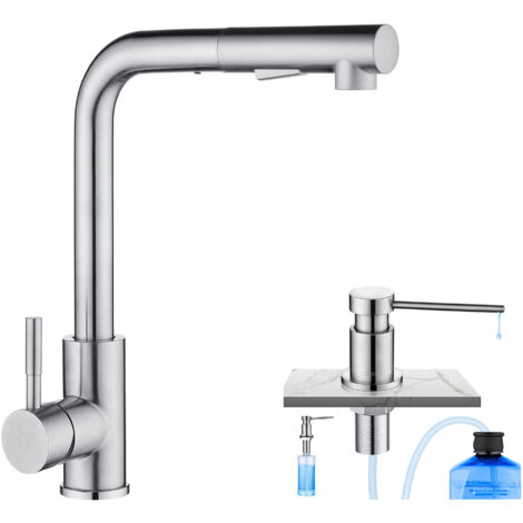 Cecipa Grifos de Cocina Extraíble Acero cepillado sin manchas + Dispensador de Jabón de Cocina con Contenedor de 300 ML Cepillado