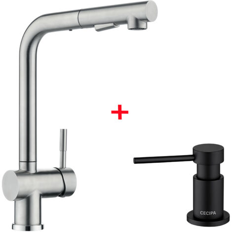 Cecipa Hochdruck Küchenarmatur Ausziehbar Gebürsteter, Küchenarmatur mit Dusche, zwei Arten von Wasserstrahlen + Küchenseifenspender mit 300-ml-Behälter, Schwarz
