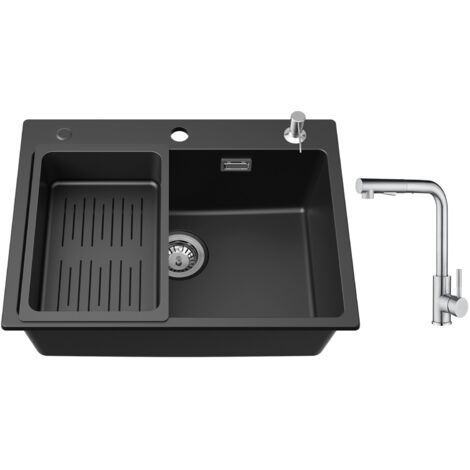 Cecipa Lavello 1 Vasca 60x45 cm con Cestello di Scarico e Dispenser per Sapone + Miscelatore da Cucina con Doccetta Estraibile - 2 Getti a Scelta - Spazzolato