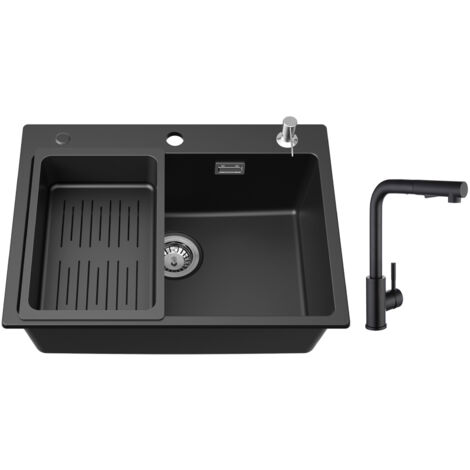 Cecipa Lavello 1 Vasca 60x45 cm con Cestello di Scarico e Dispenser per Sapone + Miscelatore da Cucina con Doccia Estraibile 2 Modalità di Getto