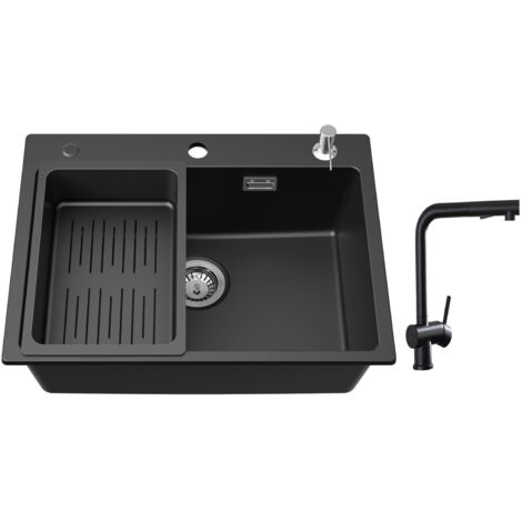 Cecipa Lavello 1 Vasca 60x45 cm con Cestello di Scarico e Dispenser per Sapone + rubinetti da cucina con doccetta estraibile, miscelatore lavello nero