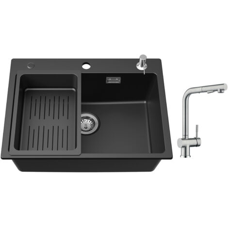 Cecipa Lavello 1 Vasca 60x45 cm con Cestello di Scarico e Dispenser per Sapone + rubinetto da cucina con miscelatore lavello estraibile con doccetta, Spazzolato