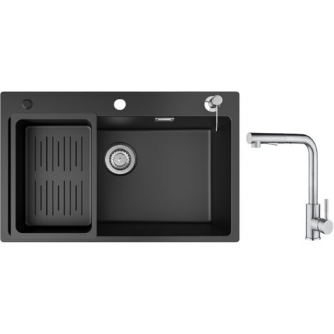 Cecipa Lavello 1 Vasca con Cestello di Scarico e Dispenser Sapone, Lavello in Quarzo e Resina 70x45 cm + Miscelatore da Cucina con Doccetta Estraibile - 2 Getti a Scelta - Spazzolato