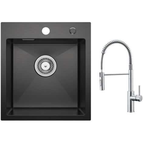 Cecipa Lavello Cucina 1 Vasca 40×45 cm Nero Lavello Cucina Acciaio Inox 304 Montaggio Ad Incasso + Miscelatore Cucina Spring con Doccetta Estraibile, Rubinetto Lavello 2 Modalità Uscita Acqua, Spazzol