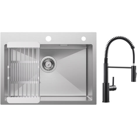 Cecipa Lavello Cucina 1 Vasca 60×45 cm con Cestello Scarico Lavello Cucina Spazzolato + Miscelatore Cucina Spring con Doccetta Estraibile, Rubinetto Lavello 2 Modalità Uscita Acqua, Nero