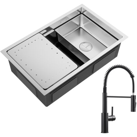 Cecipa Lavello Cucina 1 Vasca 70×44 cm con Gocciolatoio e Vasca Lavello Incasso Acciaio Inox Spazzolato + Miscelatore Cucina Spring con Doccetta Estraibile, Nero