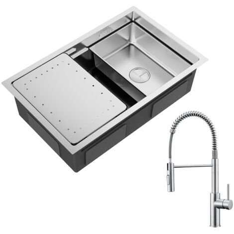 Cecipa Lavello Cucina 1 Vasca 70×44 cm con Gocciolatoio e Vasca Lavello Incasso Acciaio Inox Spazzolato + Miscelatore Cucina Spring con Doccetta Estraibile, Spazzolato