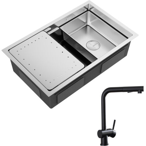 Cecipa Lavello Cucina 1 Vasca 70×44×21CM Lavello da Incasso in Acciaio Inox Spazzolato con Gocciolatoio e Vasca + Miscelatore con Doccetta Estraibile