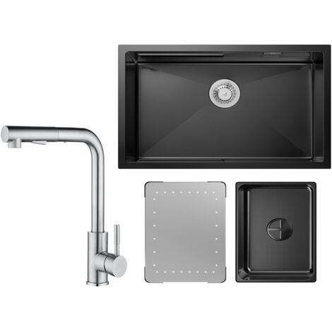 Cecipa Lavello Cucina 1 Vasca Nera con Gocciolatoio e Vasca Lavello Incasso 70×44×21CM + Miscelatore Cucina Spazzolato con Doccetta Estraibile
