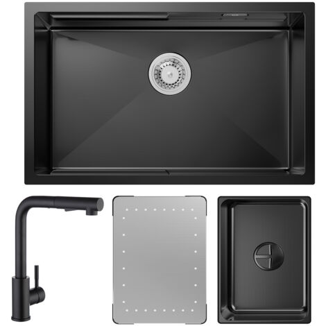 Cecipa Lavello Cucina 1 Vasca Nero con Gocciolatoio e Vasca Lavello Incasso 70×44×21CM + Miscelatore Cucina con Doccetta Estraibile Nero