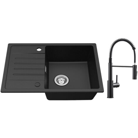 Cecipa Lavello cucina con gocciolatoio Nero 65 x 45 cm Lavello incasso + Miscelatore cucina Spring con doccetta estraibile, Rubinetto lavabo 2 modalità di uscita acqua, Nero
