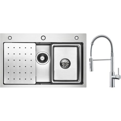 Cecipa Lavello Cucina Lavello 1 Vasca 70×45 cm con Gocciolatoio/Vasca/Dispenser Sapone + Miscelatore Cucina a Molla con Doccetta Estraibile, Rubinetto Lavello 2 Modalità Uscita Acqua, Spazzolato